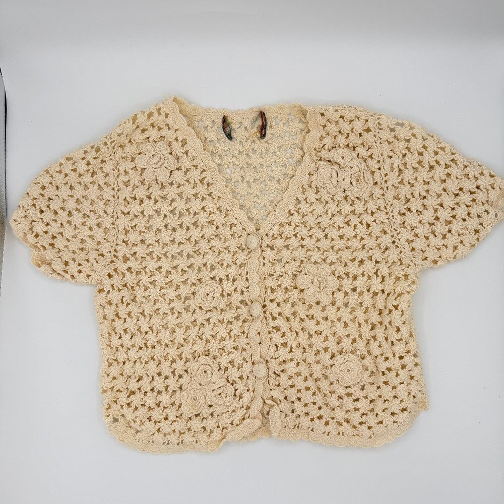 Vintage April Cornell Cropped Shirt Sleeve Open Knit Coquette Festival  Y2K XS